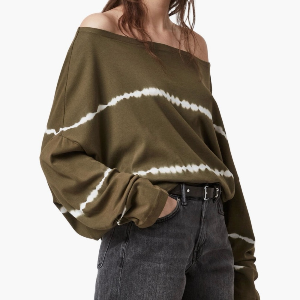 All Saints Olive Green Tie-Dye Off-Shoulder Top